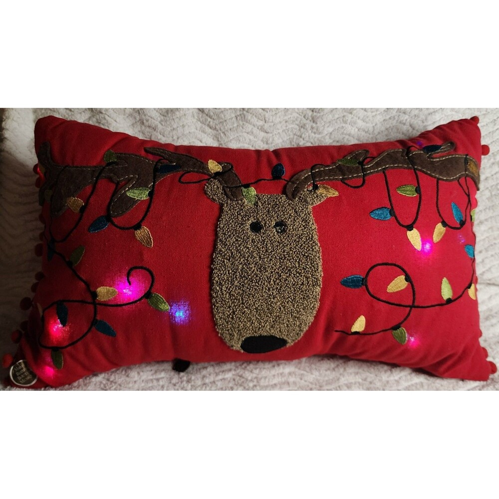 NEW Pier 1 Christmas Holiday MUSICAL & LightUp REINDEER Red Rectangle PILLOW NWT